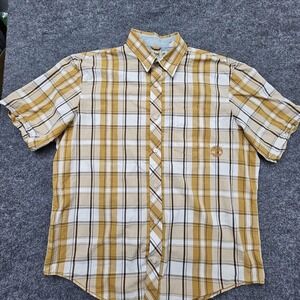 Timberland Shirt Mens XL Yellow White Plaid Loose Fit Button Down Short Sleeve